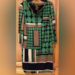 Ali Ro Geometric Print‎ 3/4 Sleeve Button Placket Silk Mini Shift Dress Size 8